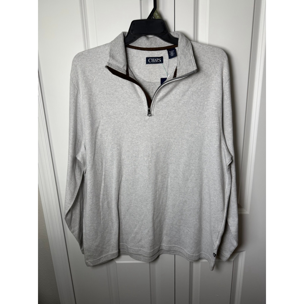Men's Chaps Grey XL Zip Up Sweater with Brown Trim